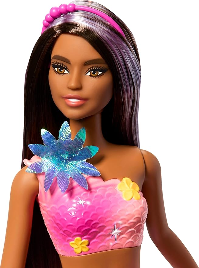Barbie Mermaid Toy Dolls with Surprise Magic Blooming Flowers Feature, Ombre Tails, Pearl Headband Accessory & Long Brown Hair with Purple Highlights