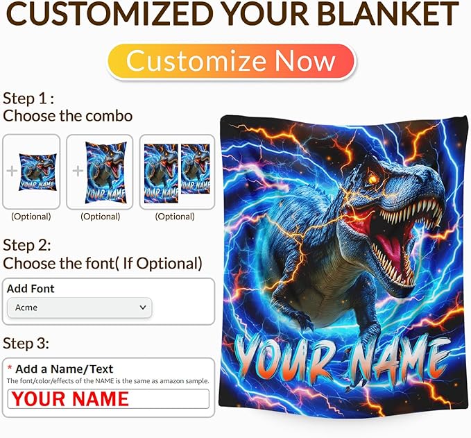 Personalized Dinosaur Blanket for Boys, Custom Throw Blankets Gift for Kids Adults Son Birthday 50x60 Inches Lightweight Soft Cozy Dinosaur Decor Blanket for Sofa Couch Bed Living Room