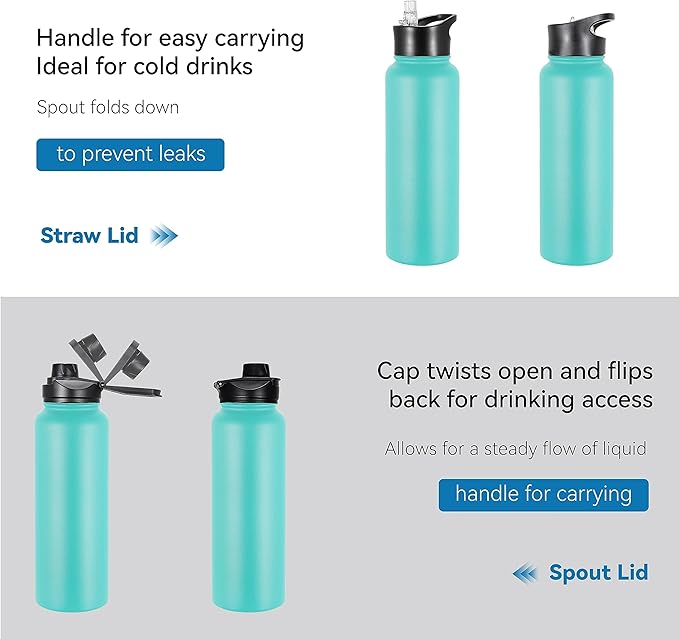 VEGOND 40 oz Insulated Water Bottle Bulk Stainless Steel Metal Water Bottles with Leak Proof Straw Lid & Spout Lid, Wide Mouth Double Walled Vacuum Travel Sports Bottle, 4 Pack