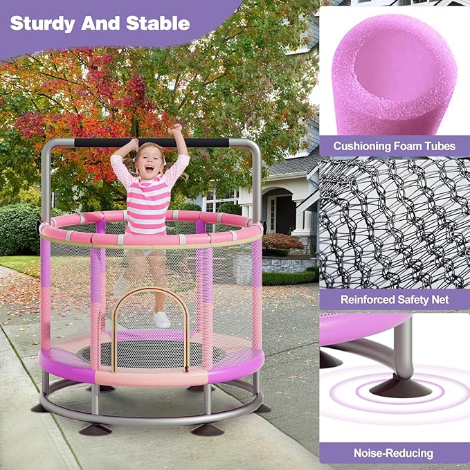 60" Trampoline for Kids, Anti-Rollover Round Bottom Baby Toddler Trampoline with Basketball Hoop, Indoor/Outdoor Kid MiniTrampoline with Enclosure Net, Children's Gift for Halloween, Christmas