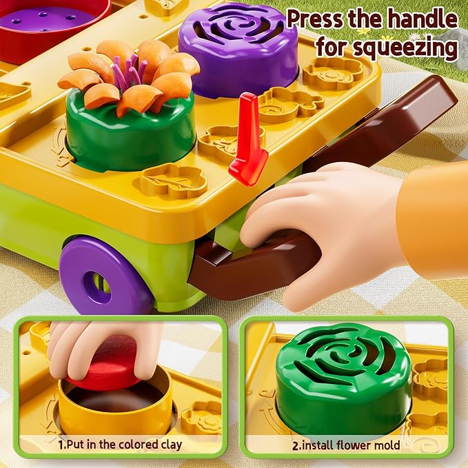 50PCS Play Clay Set Blooming Flower Garden Toy Playset for Kids 3-5, DIY Nature Kits, Pretend Kitchen Toys Accessories with Cart, Toy Dishes, Gifts for Girls Boys Toddlers Ages 3 4 5 6 7 8 9