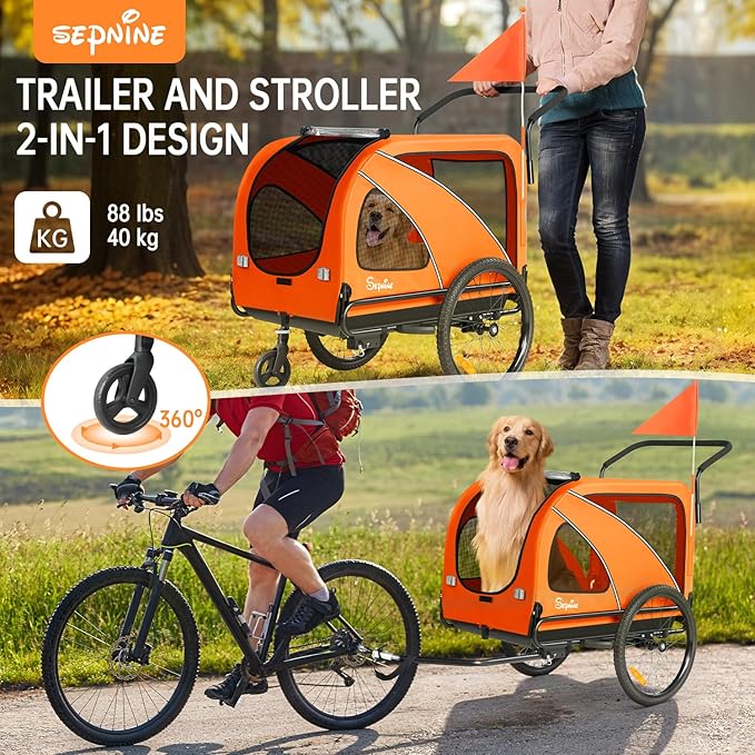 Sepnine Dog Bike Trailer, Supports up to 88 lbs, 2-in-1 Pet Stroller Cart Bicycle Carrier, Easy Folding Cart Frame with Quick Release Wheels, Universal Bicycle Coupler, Non-Slip Floor, Internal Leash