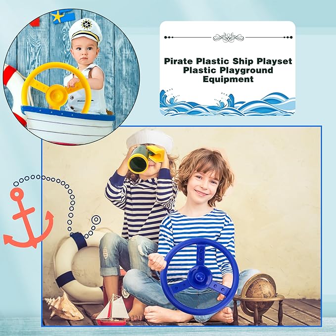 2 Pack Steering Wheel Playset Plastic Pirate Ships Wheel with Mounting Tools for Kids Playground Outdoor Gym (Blue, Yellow)