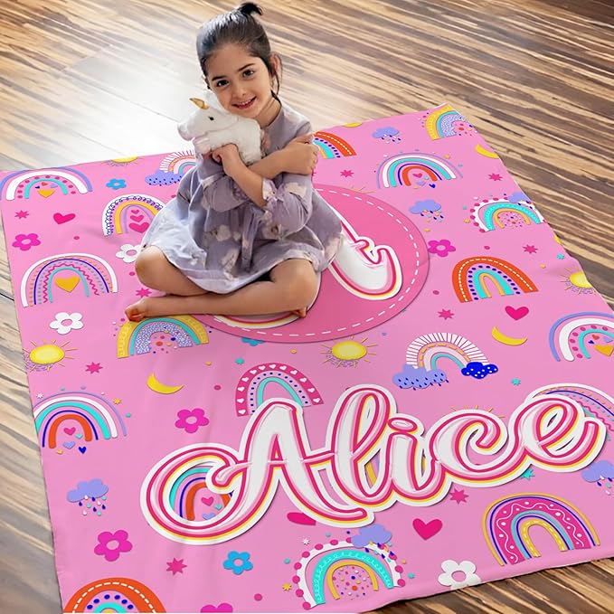 Kids Girls Blankets Gift, Personalized Blanket with Initial Monogram Name for Kids Toddlers Girls Age 6-8, Rainbow Print Soft Cozy Flannel Throw for Sofa Bed Couch Decor