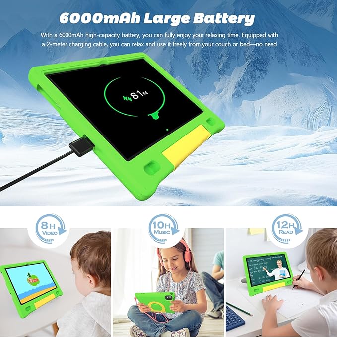 Kids Tablet 10", Android 14, 8GB+64GB (1TB Expandable), Octa-Core, 1280×800 HD Display, Dual Cameras, 12-Hour Battery, Parental Controls, Childs Tablet with Shockproof EVA Case