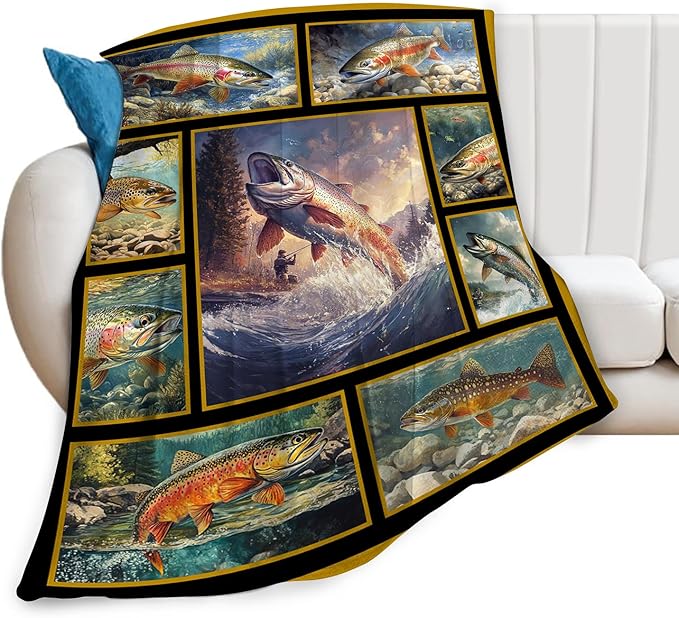 Fishing Throw Blanket Ultra Soft Cozy Rainbow Trout Fish Blanket Fleece Fuzzy Plush Fishing Lovers Decor Gifts for Women Girls Adults Couch Sofa 60"x50"
