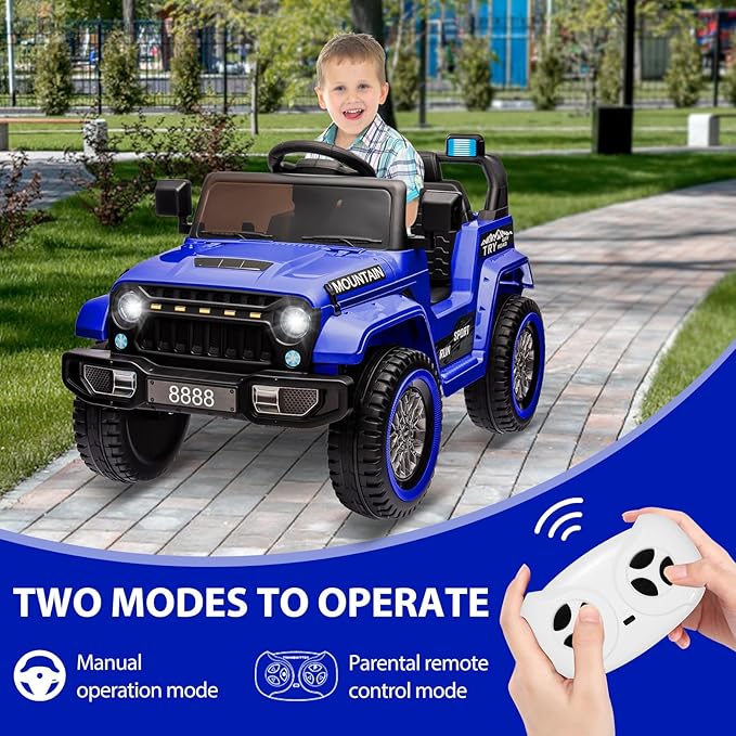 12V Kids Ride On Truck Car, Battery Powered Electric Vehicle Toy w/Parent Remote Control, Spring Suspension, 3 Speeds, LED Light, Music & Horn, Electric Cars for Kid, Gift for Boy Girl, Dark Blue