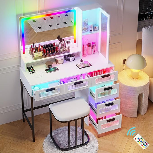 HNEBC RGB Vanity Desk with Mirror and Lights, LED Vanity Makeup Desk with USB/Wireless Charger Station, Vanities Dressing Table Sets with 6 Drawers/Cabins/Stool/Shelves for Bedroom&Cloakroom,White