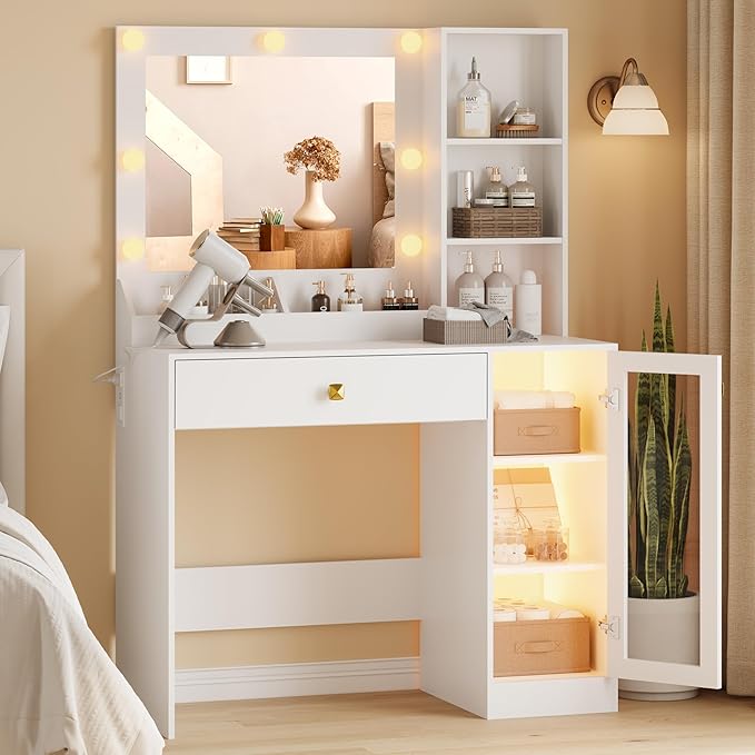 Vanity Desk with Mirror and Lights, Small Makeup Vanity Table with RGB Storage Cabinet & Power Strips & Shelves, 3 Lighting Modes & Adjustable Brightness, Dressing Table for Women Girls Bedroom, White