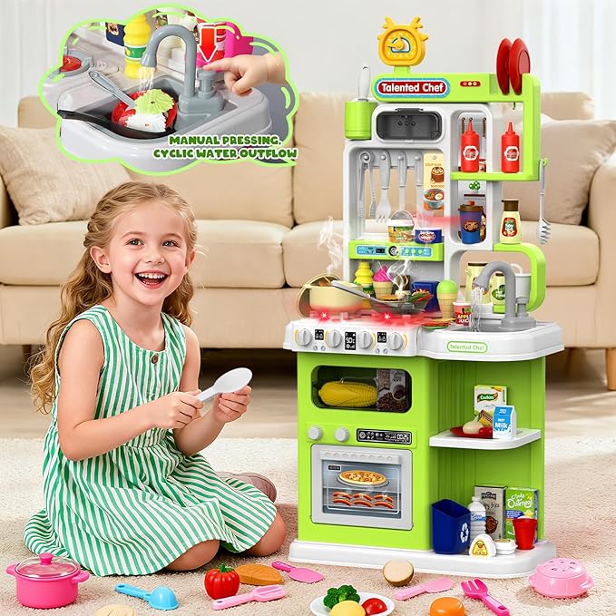 Kids Kitchen Playset, 36.22'' Play Kitchen for Toddlers 1-3 with Steam, Sound & Light, Cooking Stove, Play Sink, Oven and Toy Kitchen Accessories, Kitchen Set for Boys Girls 3 4 5 (Green)