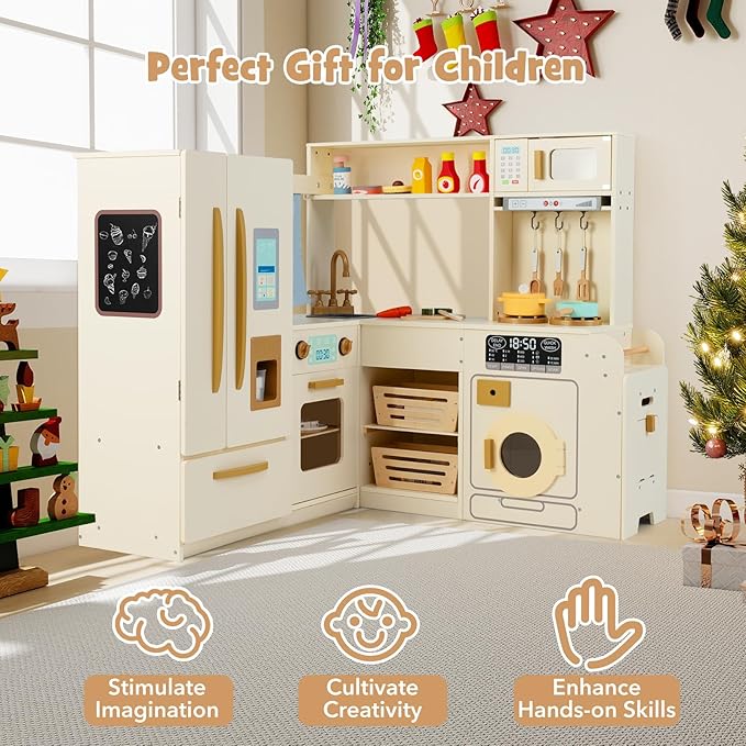 Costzon Corner Kitchen Playset, Kitchen Toy Set w/Real Lights & Sounds, Large Fridge, Ice Maker, Oven, Microwave, Washer, Trash Can & 22 Accessories, Wooden Pretend Play Kitchen for Kids 3+ (Beige)