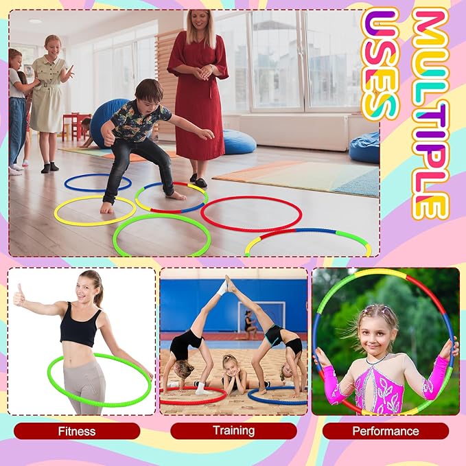 Sratte 12 Pcs Toy Hoop for Kid - Detachable & Adjustable Colored Hoop Exercise Ring Plastic Circle for Kid, Teen Gymnastics, Dog Agility Equipment, Require Self Assembly(Classic Color, 28 Inch)