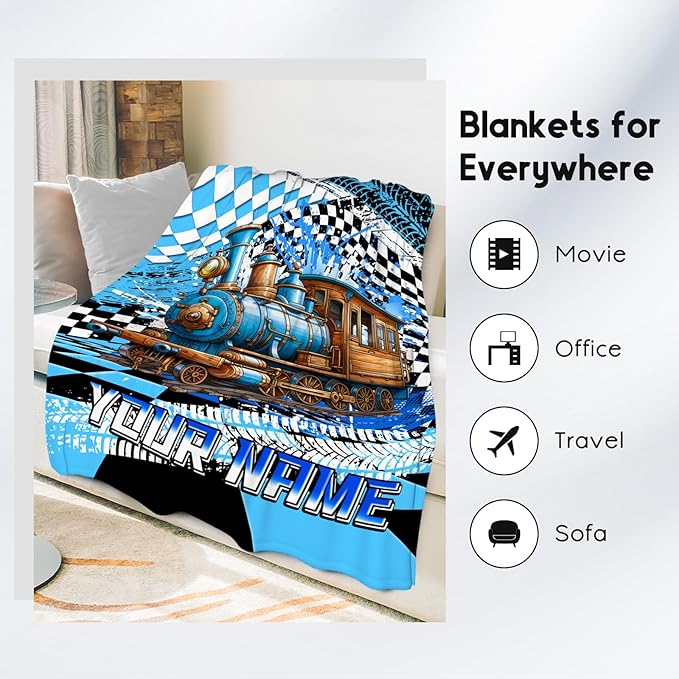 Kids Blanket, Train Blanket for Boys, Personalized Name Gifts for Child, Custom Cozy Flannel Car Throw for Bedroom & Living Room, 60"x80"