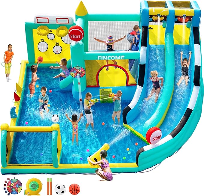 Bounce House Double Slides for Kids 3-10, Large Bounce Castle with Air Blower 550W, Pool, Jumping, Climbing, Balls, Ring Toss, Inflatable Water Park for Birthday Party Holiday Outdoor Indoor