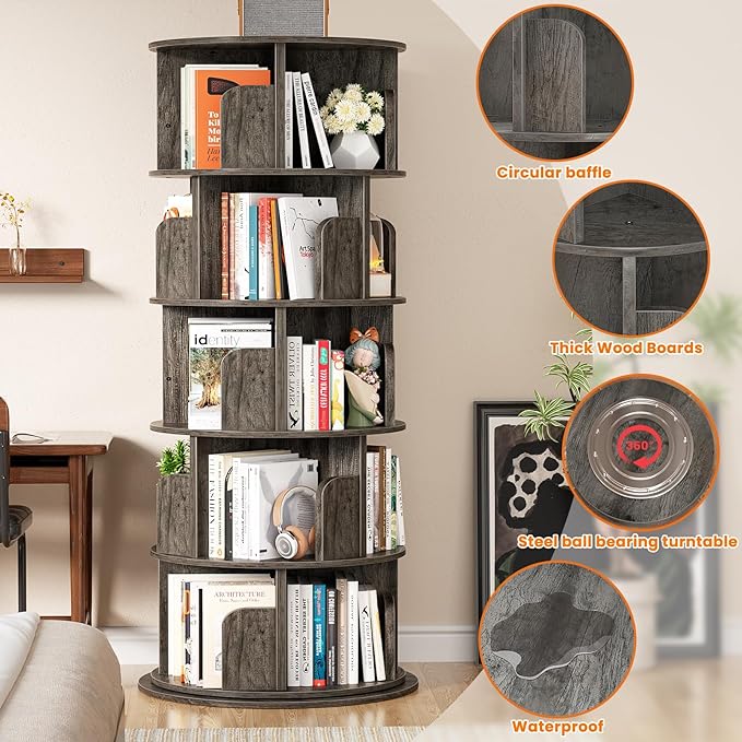 Rotating Bookshelf Tower, 5 Tier Spinning Bookcase, Revolving 360 Book Shelf Narrow Tall Bookcase, Vertical Turning Round Bookshelf Organizer, Wood Corner Book shelf for Small Space, Black Oak