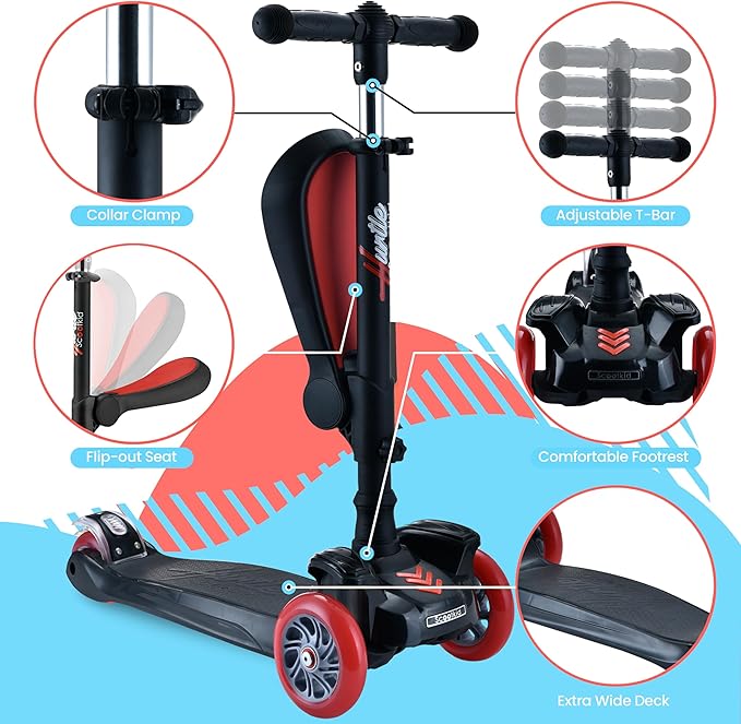 Hurtle 3-Wheeled Scooter for Kids - Wheel LED Lights, Adjustable Lean-to-Steer Handlebar, and Foldable Seat - Sit or Stand Ride with Brake for Boys and Girls Ages 1-14 Years Old