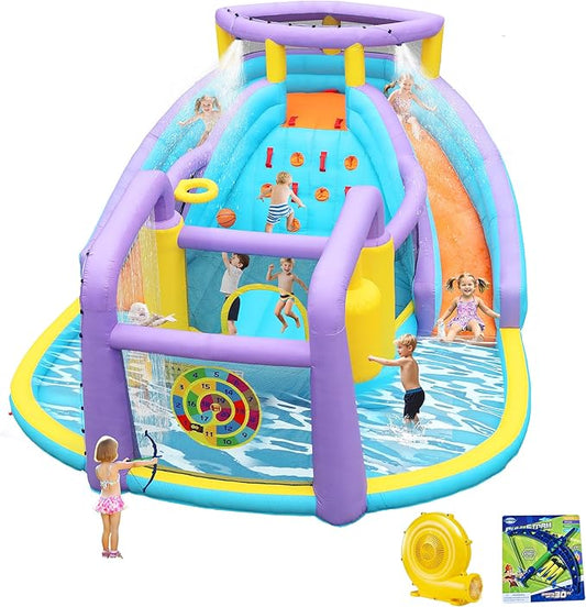 8 in 1 Inflatable Water Slide Bouncy House with Double Slides Water Park with Splash Pool,Climbing Wall,Target Game for Outdoor Backyard Aged 3-10 Kids with 520W Blower 174 x 165 x 90 Inches
