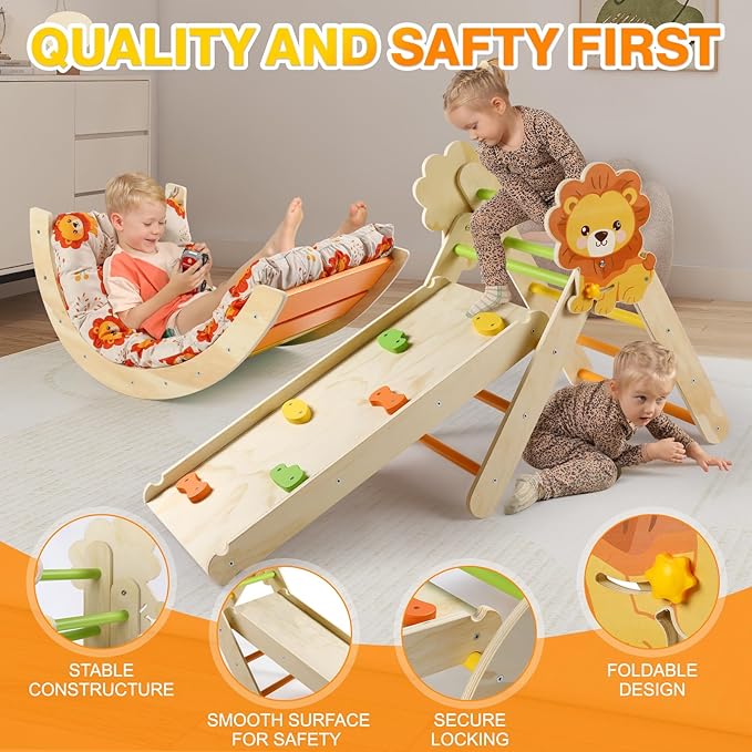 Pikler Triangle Set with Cushion, 7 in 1 Toddler Climbing Toys Indoor, Montessori Foldable Climbing Set, Wooden Climbing Toys for Toddlers Inside with Ramp, Arch and Ladder (Lion)