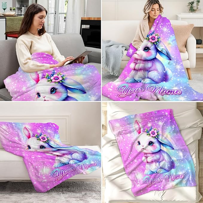 Personalized Bunny Blanket Gifts - Flannel Plush Throws Gifts for Bunny Lovers - Pink Stuff Throw Blanket for Sofa, Couch