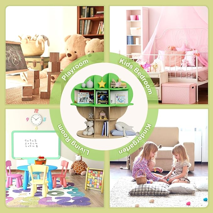 Light Green Tree Kids Bookshelf Toddler Bookcase 4-Tier Baby Book Rack Children Toy Storage Organizer Forest Wood Display Shelf Nursery Playroom Bedroom Classroom School Homeschooling Boy Girl’s Gift