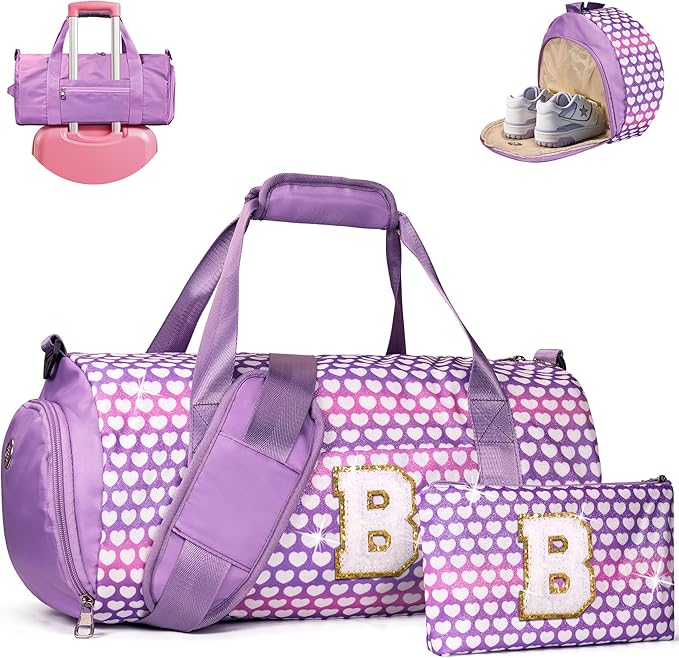 Gifts for Teen Girl, Girls Travel Duffel Bag, Kids Initial Overnight Bags with Shoe Compartment, Personalized Gym Ballet Dance Bag with Makeup Pouch, Birthday Gift for Daughter (Letter B)