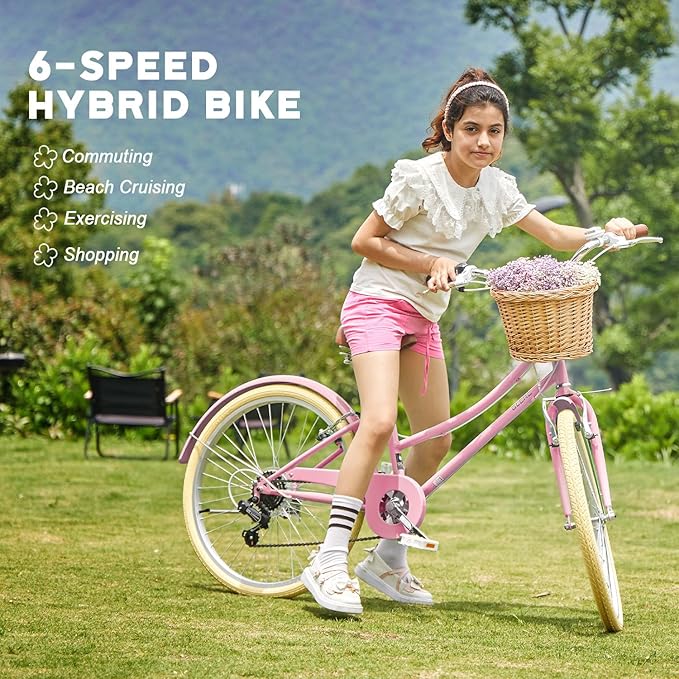Glerc 20 24 26 Inch Beach Cruiser Bike, 6-Speed Hybrid City Bicycle for Girls Youth and Over 6 Years Old, Missy Bike with Wicker Basket & Lightweight, Multiple Colors