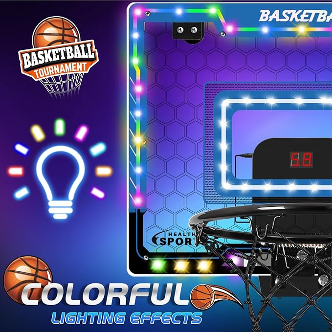 AOKESI Mini Basketball Hoop Indoor with Scorer and Batteries|Inside Basketball Hoop Over The Door with Colorful LED Lighting|Toy Basketball Gifts for Boys Girls Teens Adults, Blue