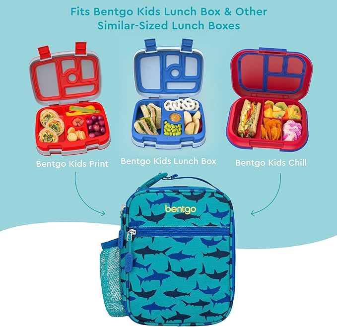 Bentgo® Kids Insulated Lunch Tote - Water-Resistant, Reusable, Lightweight & Durable Lunch Bag with Water Bottle Holder & Mesh Pocket, Fits Lunch Box & Water Bottle - Ideal for Ages 3+ (Sharks)