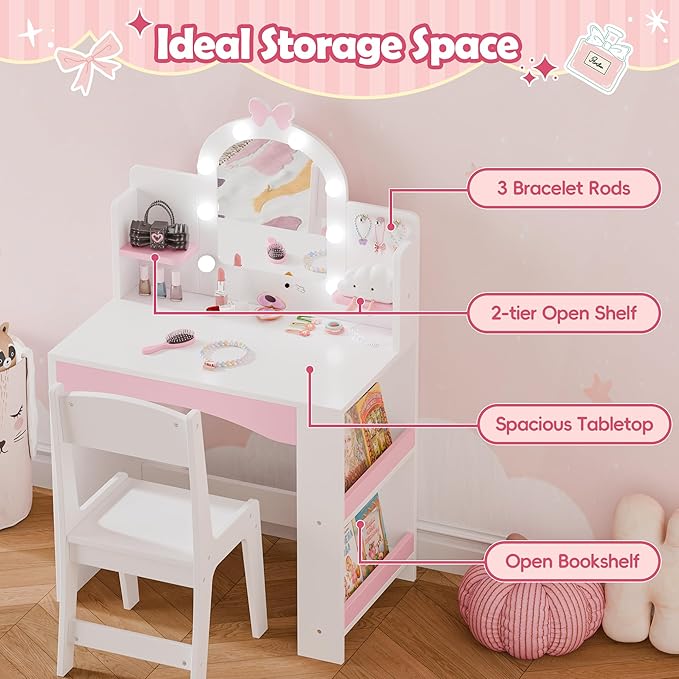 MU Kids Vanity with Lights, Princess Makeup Vanity Table and Chair Set for Girls, Toddler Vanity Desk with Open Bookshelf, Storage Cabinet & Shelves, Stools, White