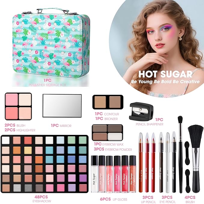 Hot Sugar Makeup Kit for Teenager Girls 10-12, All in One Beginner Makeup Kit for Women Full Kit, Teen makeup kit Cosmetic Gift Set on Birthday Christmas (Green Flamingo)