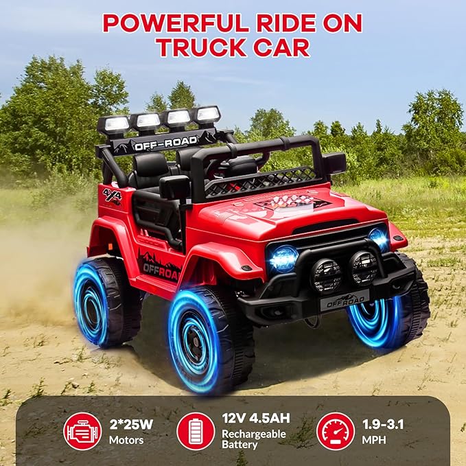 12V Kids Ride-On Truck with Parent Remote Control, Electric Toy Car with Spring Suspension, 3 Speed Modes & LED Lights, Battery Powered Vehicle for Boys Girls Ages 3-8, Red