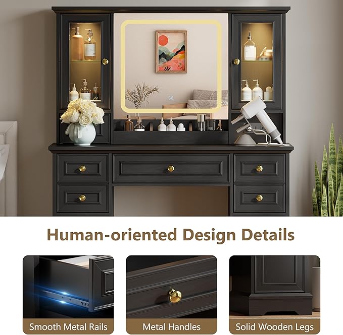 43'' Makeup Vanity with Mirror and Lights, Farmhouse Vanity Desk with Drawers & Charging Station, 3 Lighting Modes & Adjustable Brightness, Glass Cabinet, Dressing Table for Bedroom, Black