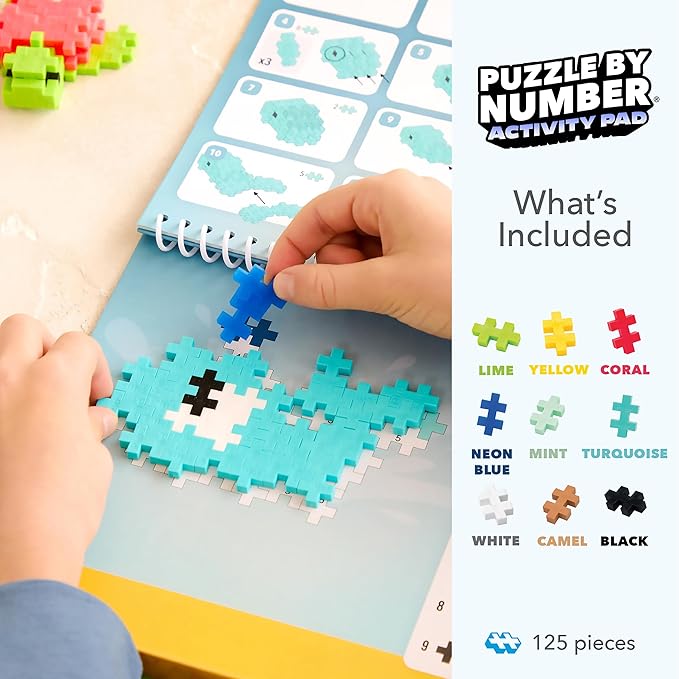 Plus Plus Puzzle By Number Activity Pad, Kids Travel Activities, Interlocking Mini Building Blocks, 3D Puzzle Stem Toy for Kids - Ocean