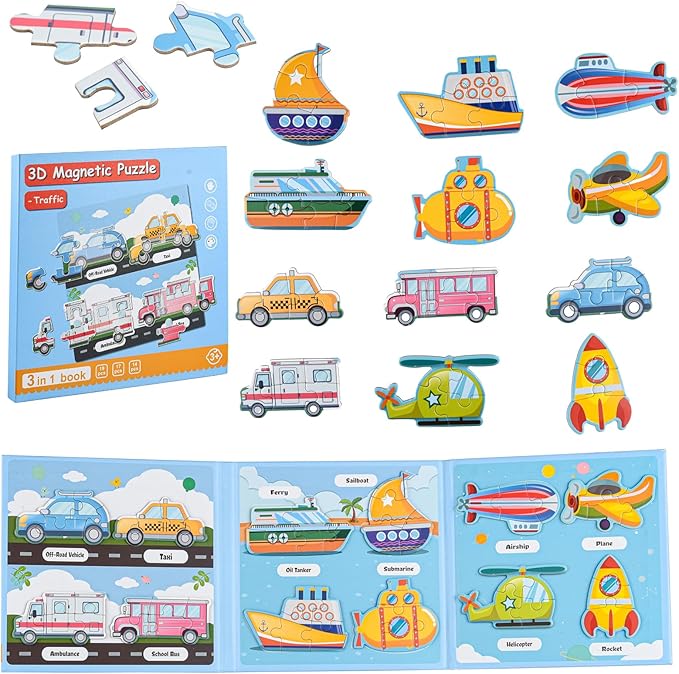 ASTARON 3D Magnetic Puzzle with 60 Puffy Stickers for Toddlers, 51 Pieces 3-in-1 Traffic Puzzles Preschool Education Learning Travel Toys Car Plane Activities for Kids Road Trip Birthday Gifts