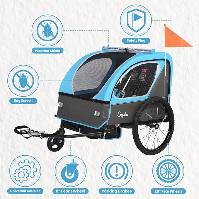 Sepnine Kids Bike Trailer, 2 in1 Canopy Carrier Converts to Pushcart Suitable for 1 to 2 Toddlers, Kids, Quick Attach to Bike, Foldable, with 5-Point Harness and Storage Bags