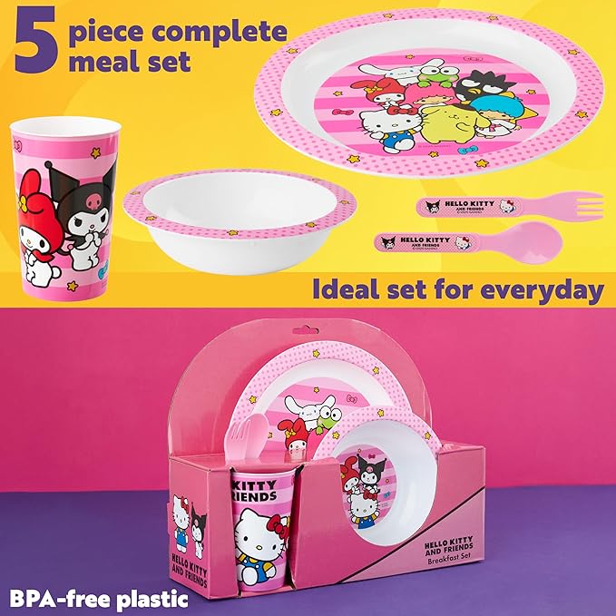 Get Trend Hello Kitty Sanrio Dinnerware Sets for Kids, 5 Pc Tableware, Plate, Bowl, Cup, Spoon, Fork, Kawaii Plates and Bowls Set, Gifts for Kids (Pink Hello Kitty)