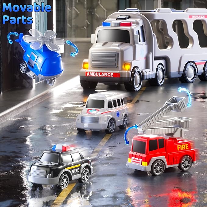 Ambulance Truck Toys Set for Kids Toddlers 1-3 3-5 Years Old, Carrier Truck Playset with Toy Cars, Light and Sound, City Learning Toys for Toddlers, Birthday Gifts for Boys Girls Aged 2-4 4-8