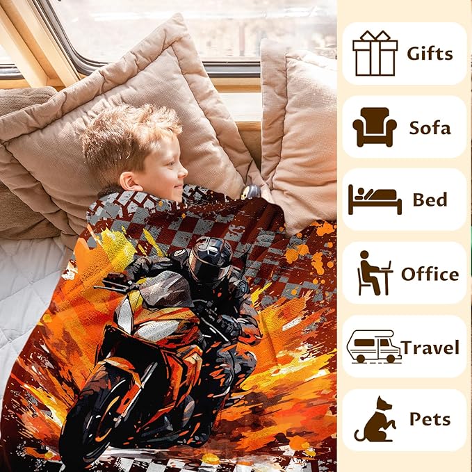 Motorcycle Blanket for Kids Boys Blankets Gift for Son Grandson, Cool Cozy Soft 50 x 40 Inches Flannel Throws for Bed Travel Sofa Living Room