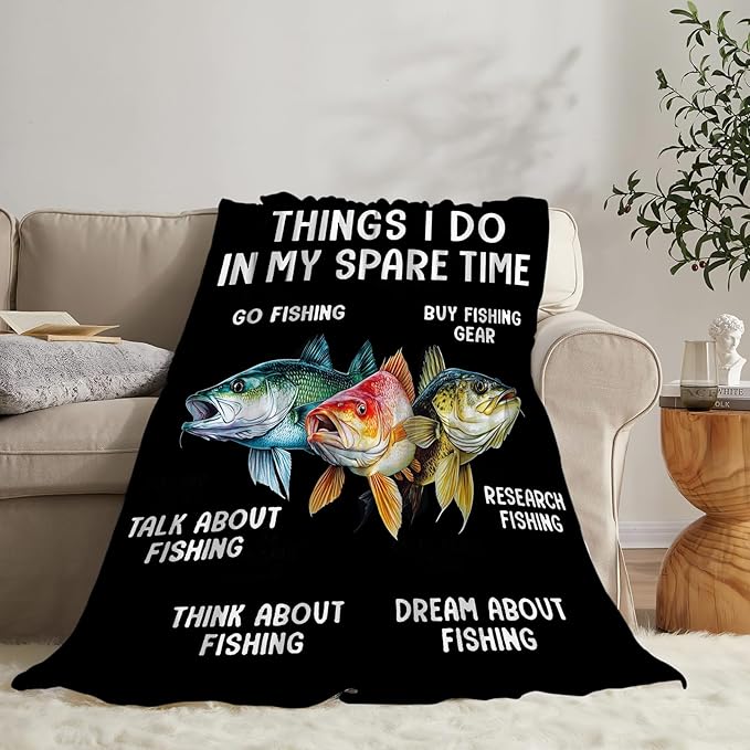 Fishing Blanket Fleece Soft Warm Plush Bass Fishing Throw Blankets Lightweight Plush Fuzzy Cozy Fish Blanket Gifts for Lovers Men Women Suitable for Couch Sofa Bed 80"X60"
