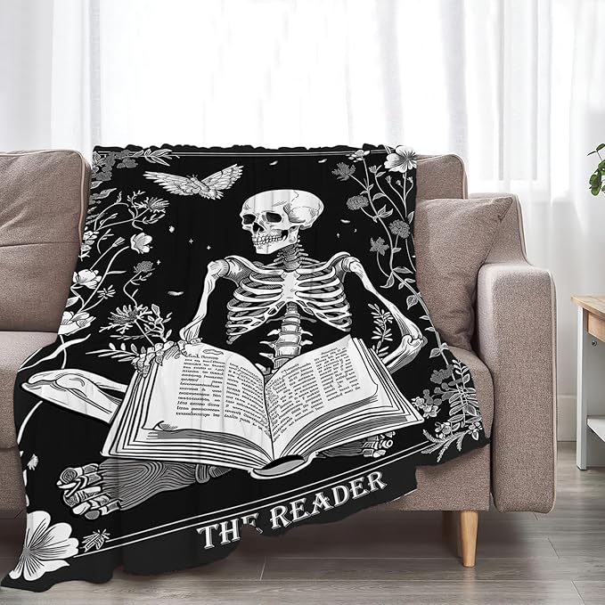 Reading Throw Blanket Ultra Soft Cozy Funny Skeleton Read Book Blanket Fleece Fuzzy Plush Skull Reading Lovers Reader Librarian Decor Gifts for Women Girls Adults Couch Sofa 80"x60"