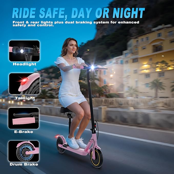 Electric Scooter, Folding E Scooter for Adults with Seat, 350W Motor, 8.5" Tire, 19MPH, 21Mile Long Range Lightweight Teens Commuting Sit Down Escooter with App, Bluetooth, Dual Brake (Seat Optional)
