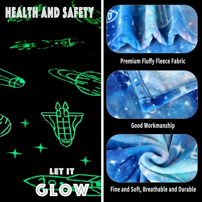 Wesan Glow in The Dark Galaxy Blanket Space Gifts for Kids Boys Girls Outer Space Planets Spaceships Astronomy Starry Sky Throw Birthday for 1-13 Year Teenage Teens Blue 50"x60"