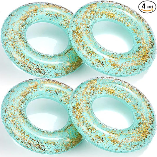 ShinyRelief 4 Pcs Inflatable Glitter Pool Float 30'' Macaron Swim Tube with Gold Confetti Swim Inner Tube for Adults Pool Floats Rings for Summer Beach Swimming Pool Bachelorette Party