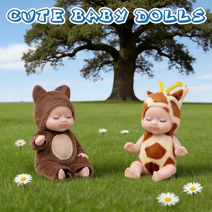Haawooky 10 Pcs Mini Baby Dolls,4 inch Lifelike Realistic Baby Dolls with Animal Clothes,Cute Small Baby Doll for Girls Kids Easter Basket Valentine Birthday