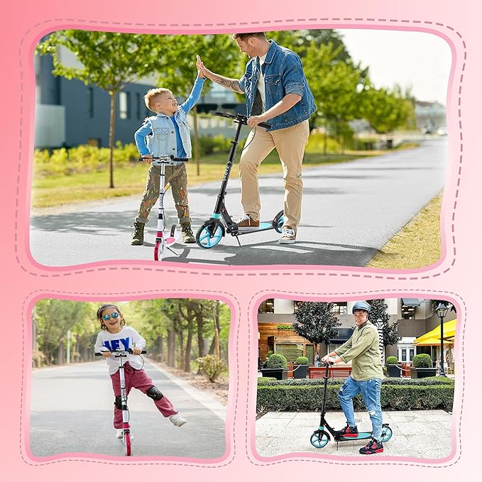 Scooter for Kids Ages 8+ Teens & Adults, Lightweight Kick Scooter with Carry Strap Adjustable Height Equipped with Front handbrake and Rear Brake, Big Sturdy PU Flash Wheels
