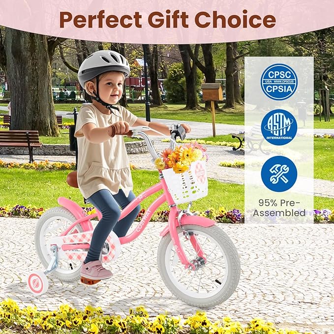 COSTWAY Kids Bike, 12 14 16 18 Inch Toddler Bike Children Bicycle w/Training Wheels, Hand & Coaster Brakes, Adjustable Saddle & Handlebar, Basket, Bell, Kids Bicycle for Girls Boys Aged 3-8 Years Old