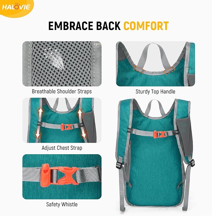 HALOVIE 15L Foldable Hiking Backpack Phone Pocket Lightweight Travel Daypack with Chest Strap Small Packable Pack for Walking Women Men (Cyan)