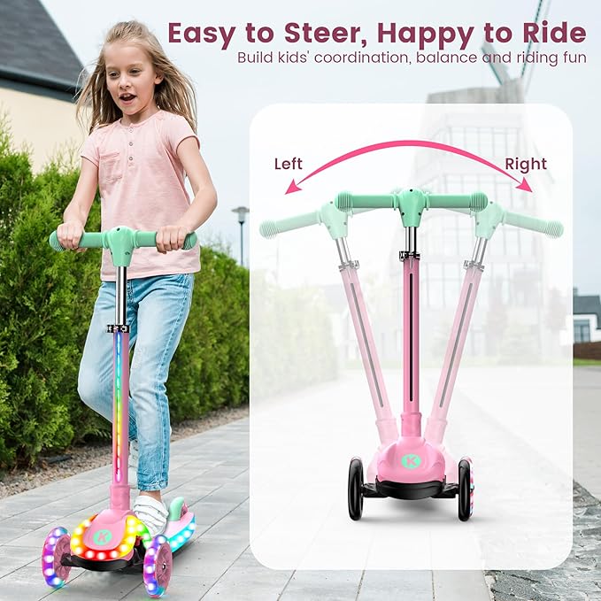 2-in-1 Adjustable Kick Scooter for Kids 3-5 (Suitable 3-12 Years),5-Level Handlebar & Removable Seat, LED Light-Up Wheels, Wide Deck, Foldable Design for Indoor/Outdoor Use - Girls & Boys