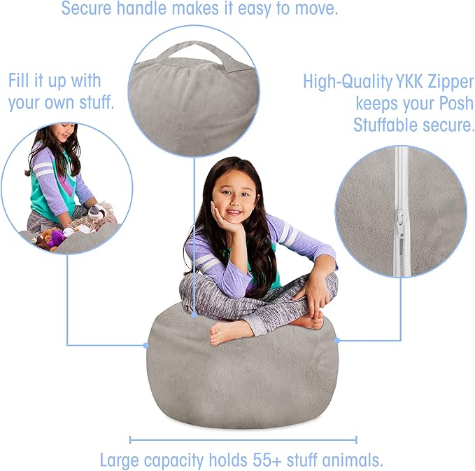 Posh Creations Stuffable Kids Stuffed Animal Storage Bean Bag Chair Cover - Childrens Toy Organizer, Medium 27" - Soft Faux Rabbit Fur Gray
