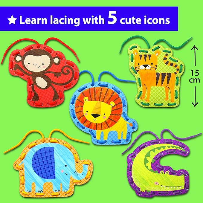 KRAFUN Beginner Preschool Lacing Card Kit for Kids Arts & Crafts, 5 Easy Safari and Animal Lacing Projects, Paper Craft Cards for Toddlers, Fine Motor Skills Training Toys